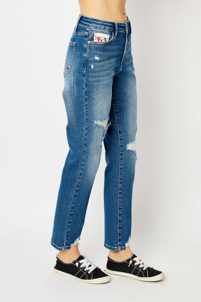 Queen of Hearts Mid Rise Distressed Slim Jeans