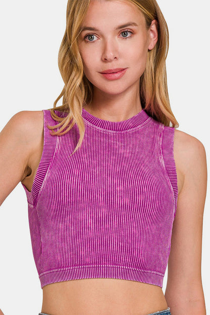 Zenana Washed Ribbed Seamless Crop Tank with Bra Pads