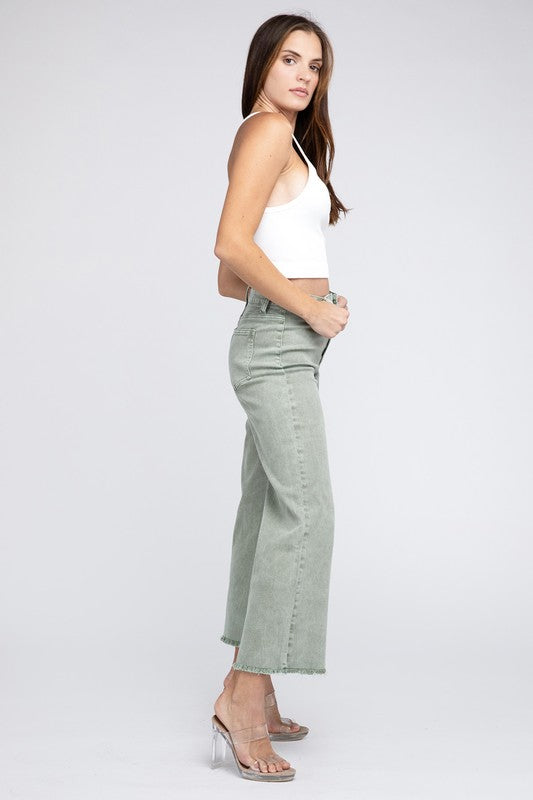 Zenana Acid Wash High Rise Frayed Hem Wide Leg Jeans