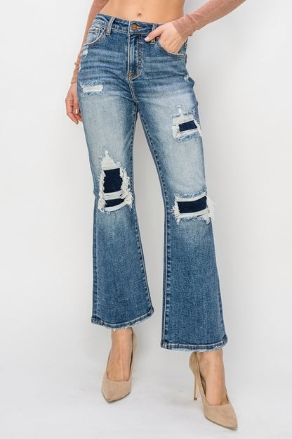 Krista High Rise Distressed Contrast Patch Kick Flare Jeans