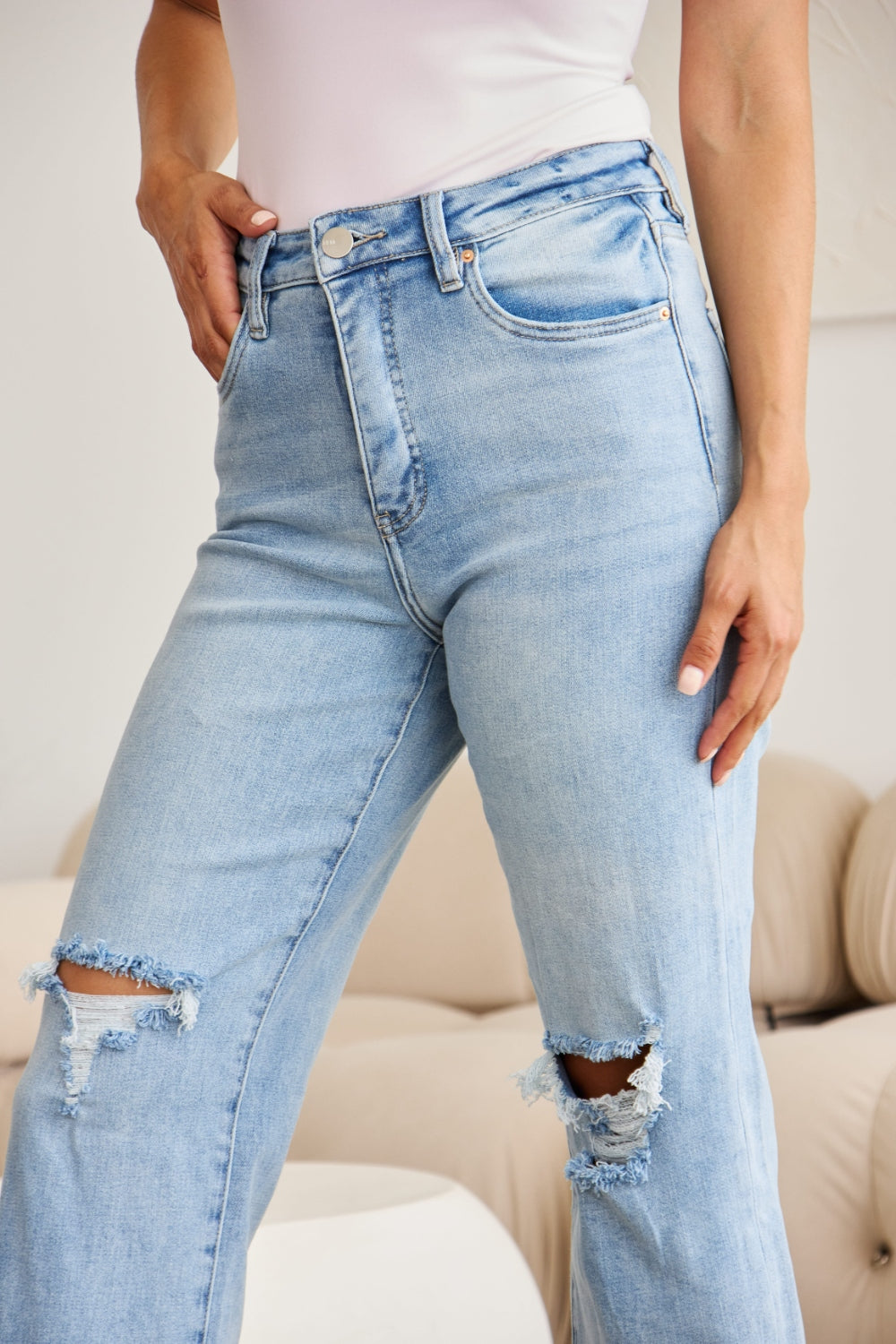 Caiti Tummy Control High Waist Raw Hem Distressed Jeans