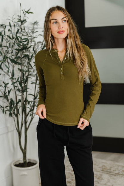 Effortless Edge Knit Henley Top in Camo Green - Driftwood Boutique