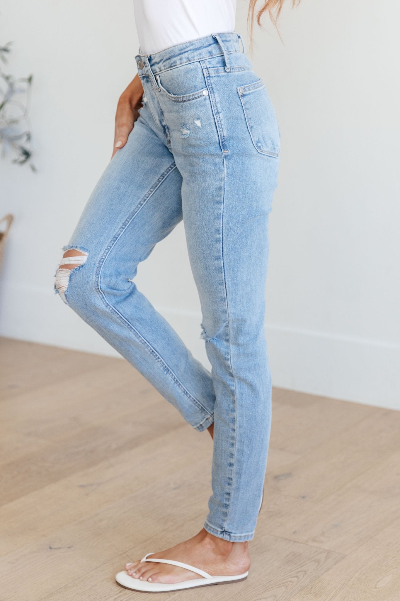 Eloise Mid Rise Control Top Distressed Skinny Jeans - Driftwood Boutique