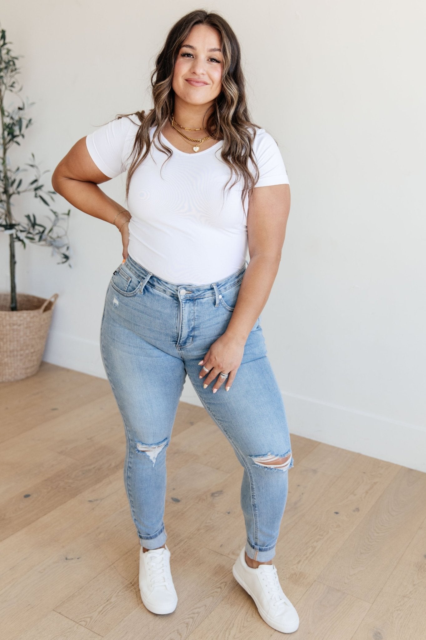 Eloise Mid Rise Control Top Distressed Skinny Jeans - Driftwood Boutique