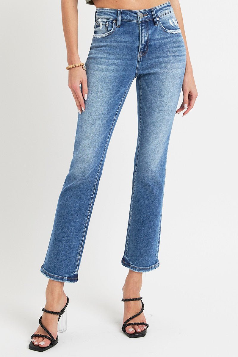 Emma Mid Rise Distressed Ankle Straight Jeans - Driftwood Boutique