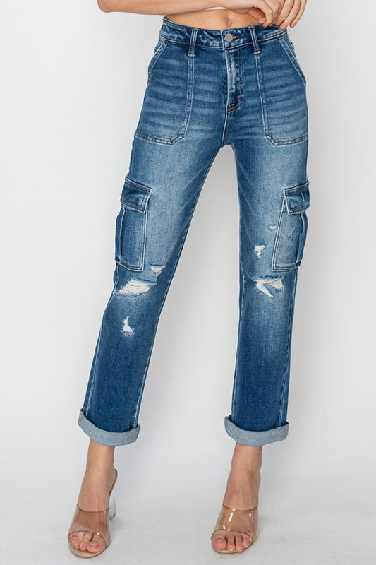 Erin High Rise Straight Leg Cuffed Cargo Jeans - Driftwood Boutique