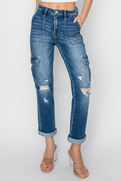 Erin High Rise Straight Leg Cuffed Cargo Jeans - Driftwood Boutique