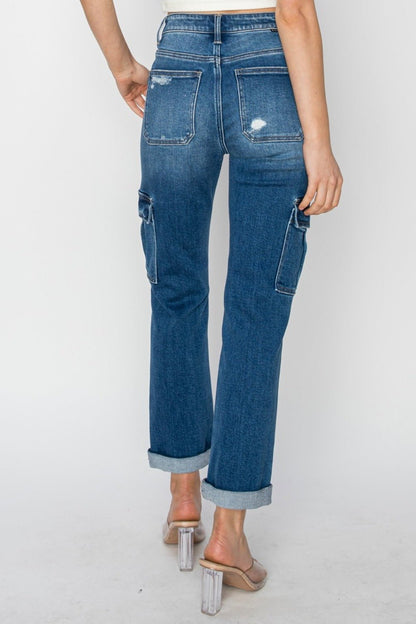 Erin High Rise Straight Leg Cuffed Cargo Jeans - Driftwood Boutique