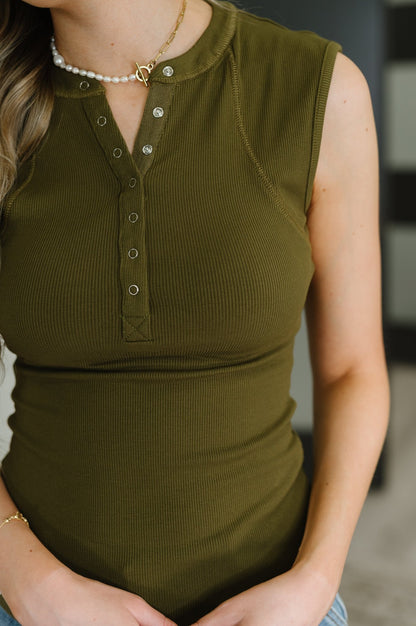 Everyday Edge Knit Henley Tank in Camo Green - Driftwood Boutique