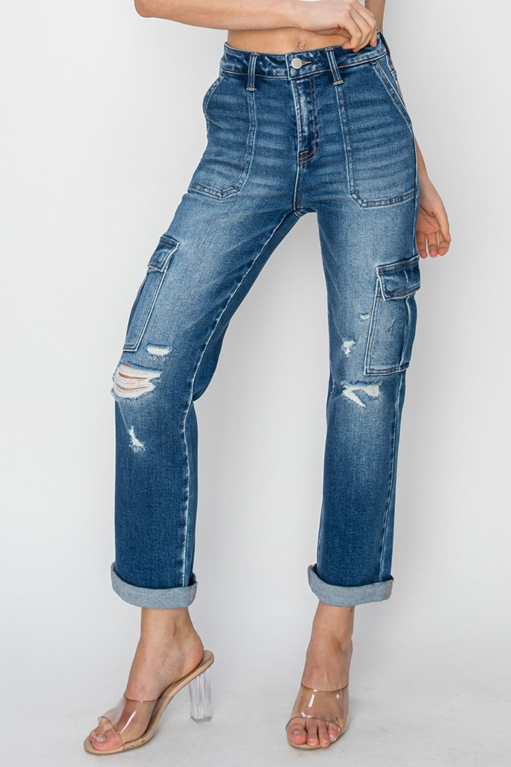 Erin High Rise Straight Leg Cuffed Cargo Jeans