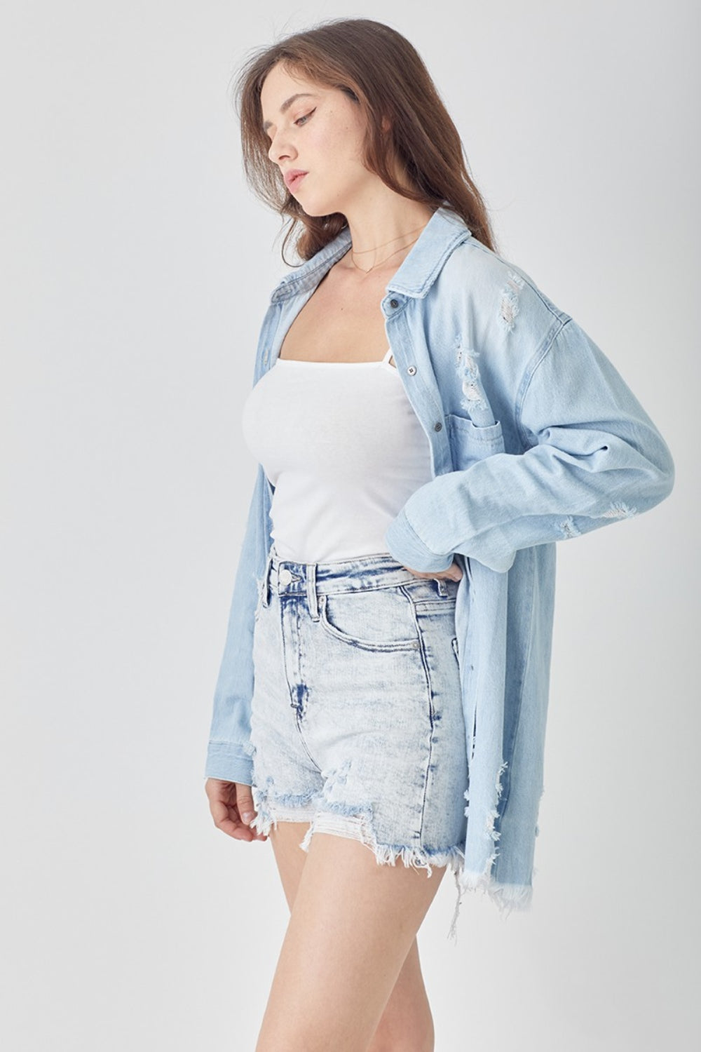 Tori High Rise Acid Wash Distressed Denim Shorts