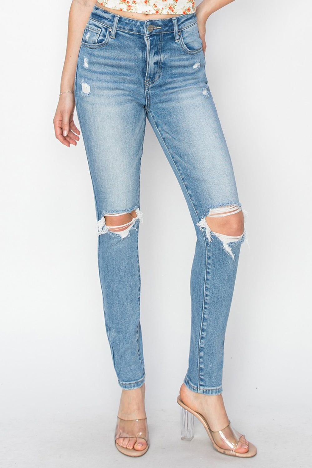 Heather High Rise Distressed Knee Skinny Jeans