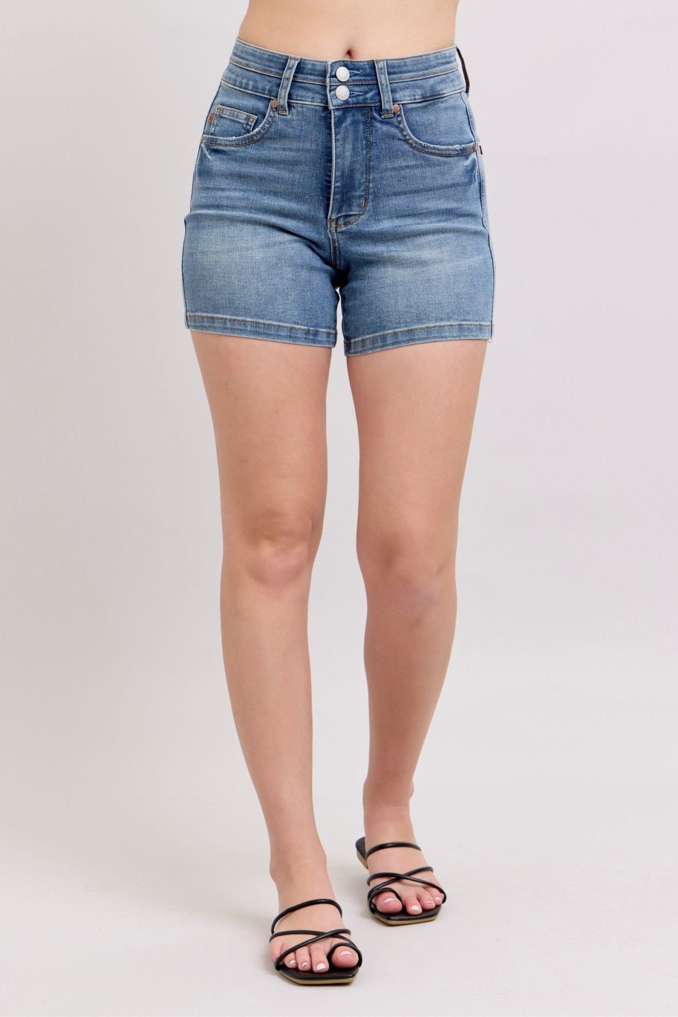 Gabriel High Rise Tummy Control Double Button Cooling Denim Shorts - Driftwood Boutique
