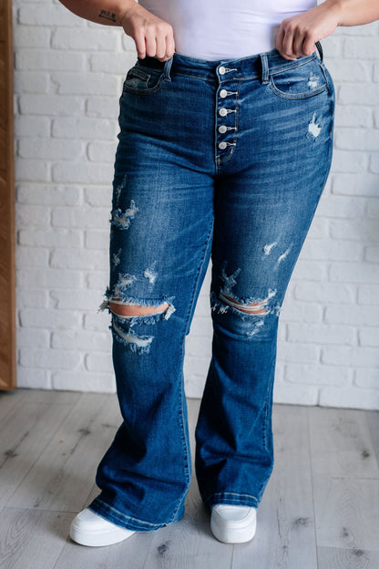Gabriella Mid Rise Distressed Button Fly Flare - Driftwood Boutique