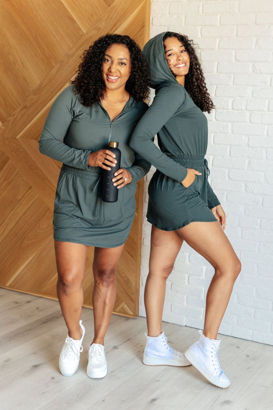 Getting Out Long Sleeve Hoodie Romper in Smoked Spruce - Driftwood Boutique