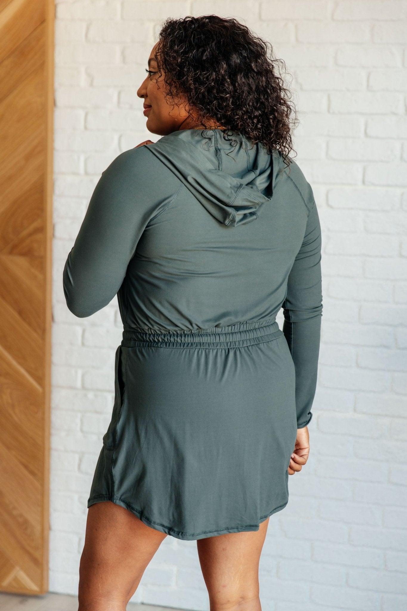 Getting Out Long Sleeve Hoodie Romper in Smoked Spruce - Driftwood Boutique