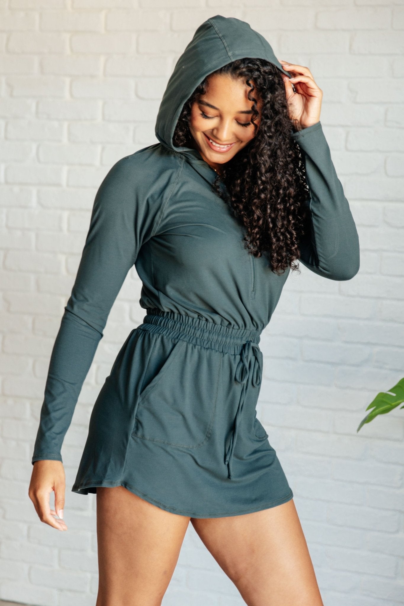 Getting Out Long Sleeve Hoodie Romper in Smoked Spruce - Driftwood Boutique