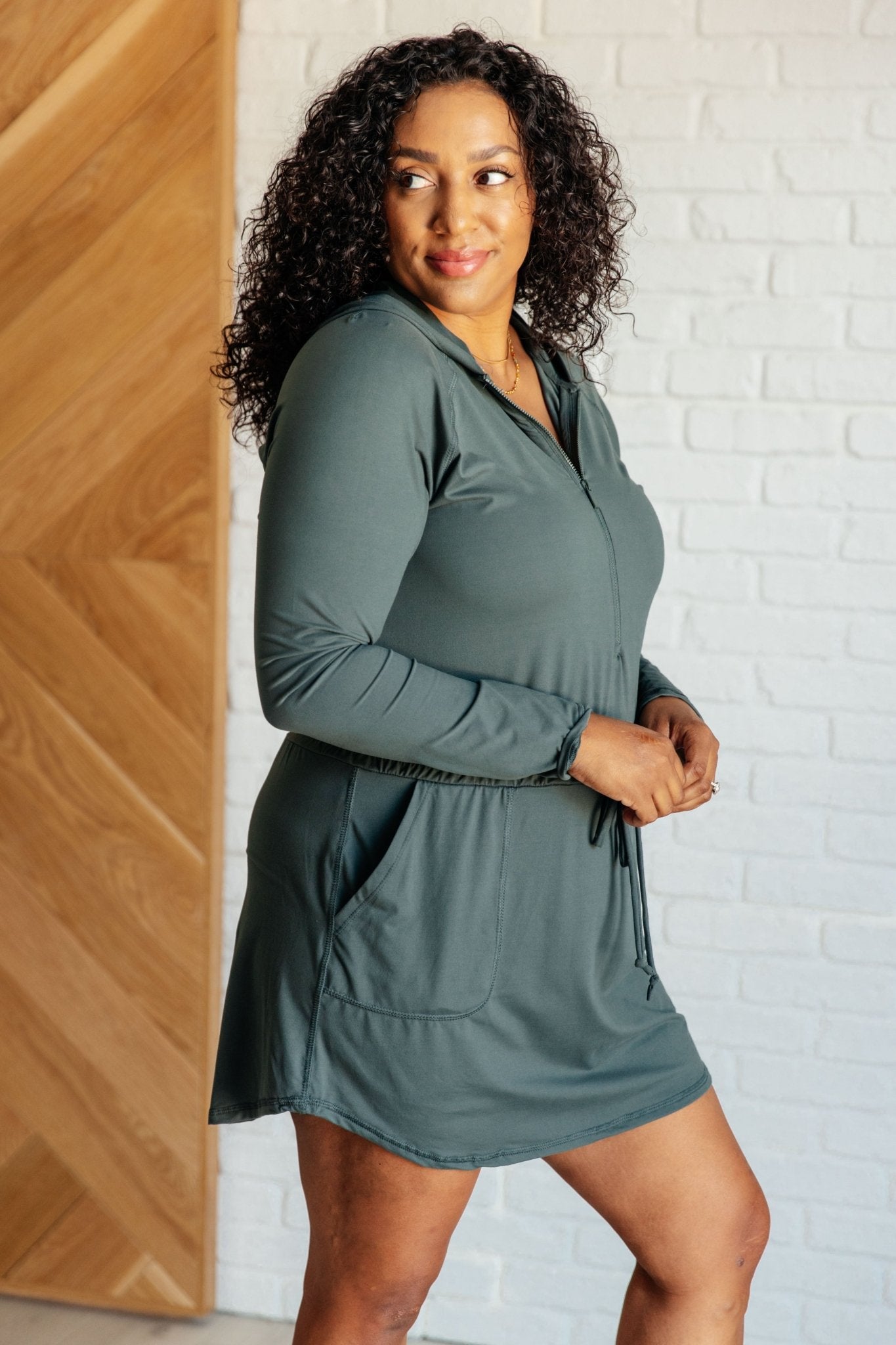 Getting Out Long Sleeve Hoodie Romper in Smoked Spruce - Driftwood Boutique