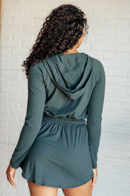Getting Out Long Sleeve Hoodie Romper in Smoked Spruce - Driftwood Boutique
