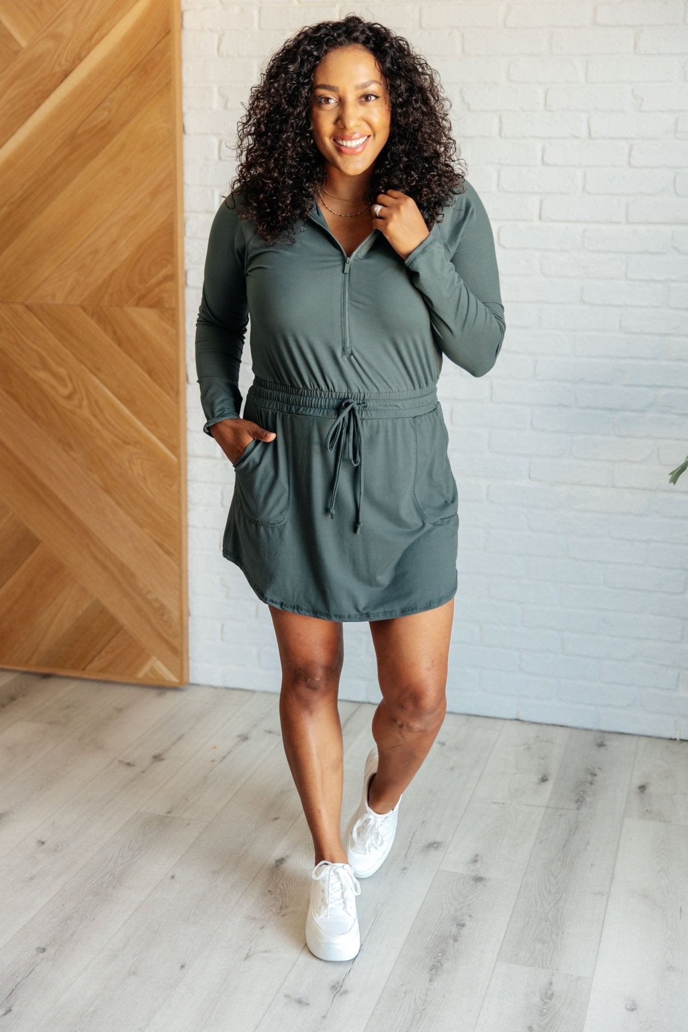 Getting Out Long Sleeve Hoodie Romper in Smoked Spruce - Driftwood Boutique