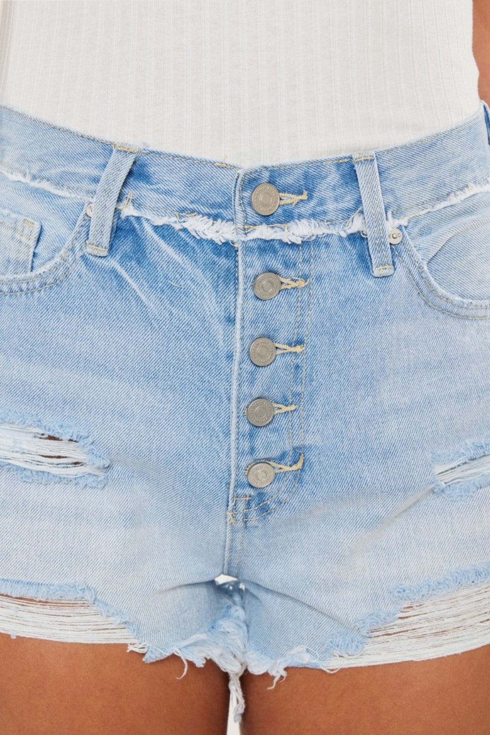 Gigi High Rise Distressed Button Fly Denim Shorts - Driftwood Boutique