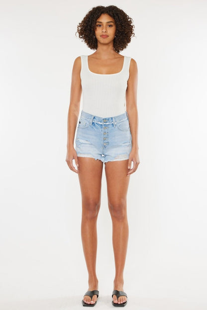 Gigi High Rise Distressed Button Fly Denim Shorts - Driftwood Boutique