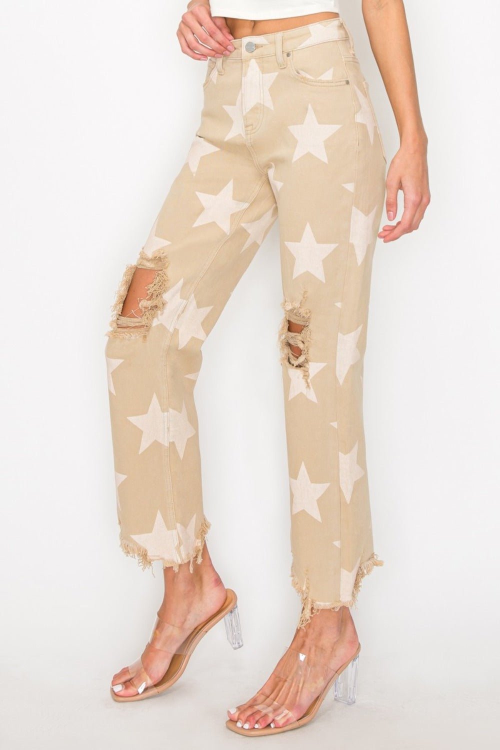 Hailey High Rise Star Printed Frayed Hem Jeans - Driftwood Boutique