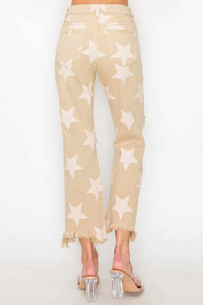 Hailey High Rise Star Printed Frayed Hem Jeans - Driftwood Boutique