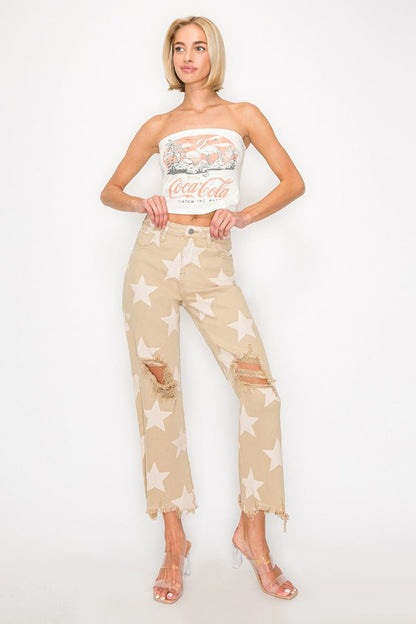Hailey High Rise Star Printed Frayed Hem Jeans - Driftwood Boutique