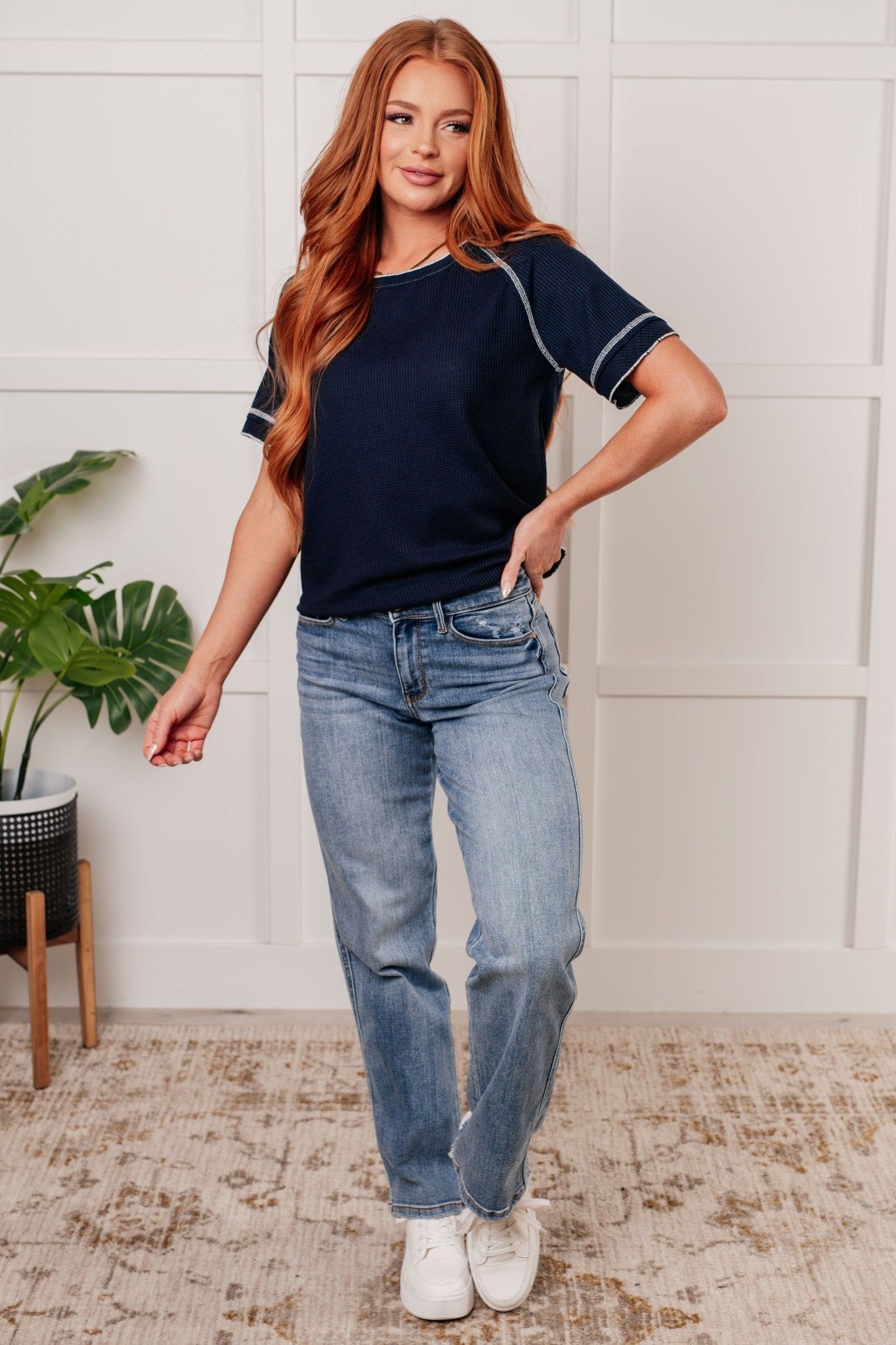 Heartbreaker Waffle Knit Tee in Blue - Driftwood Boutique