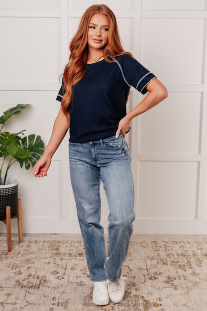 Heartbreaker Waffle Knit Tee in Blue - Driftwood Boutique