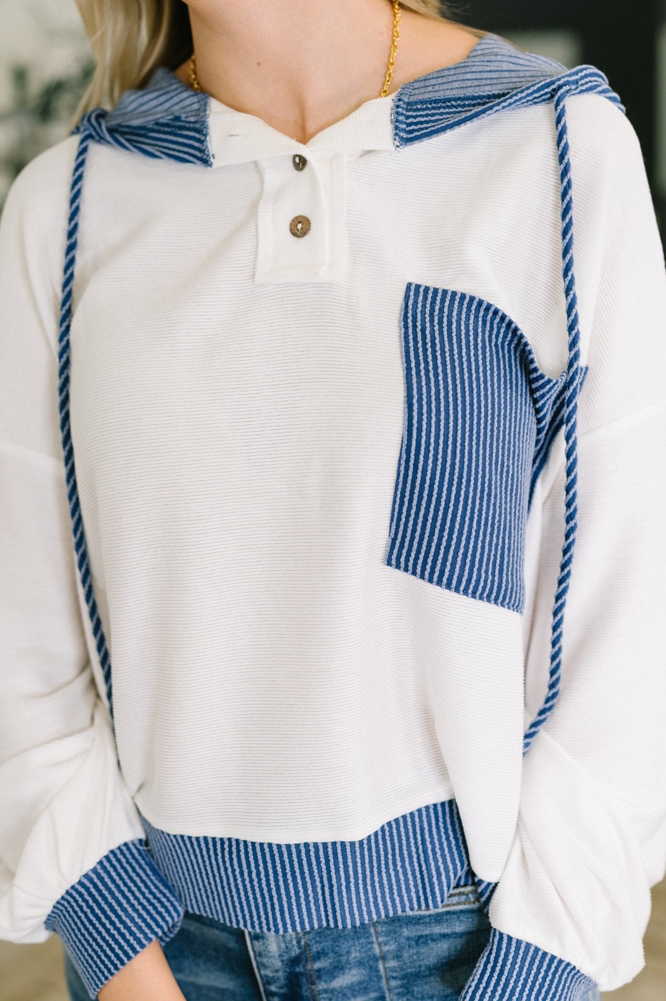 Here for Now Color Block Hoodie in Blue - Driftwood Boutique