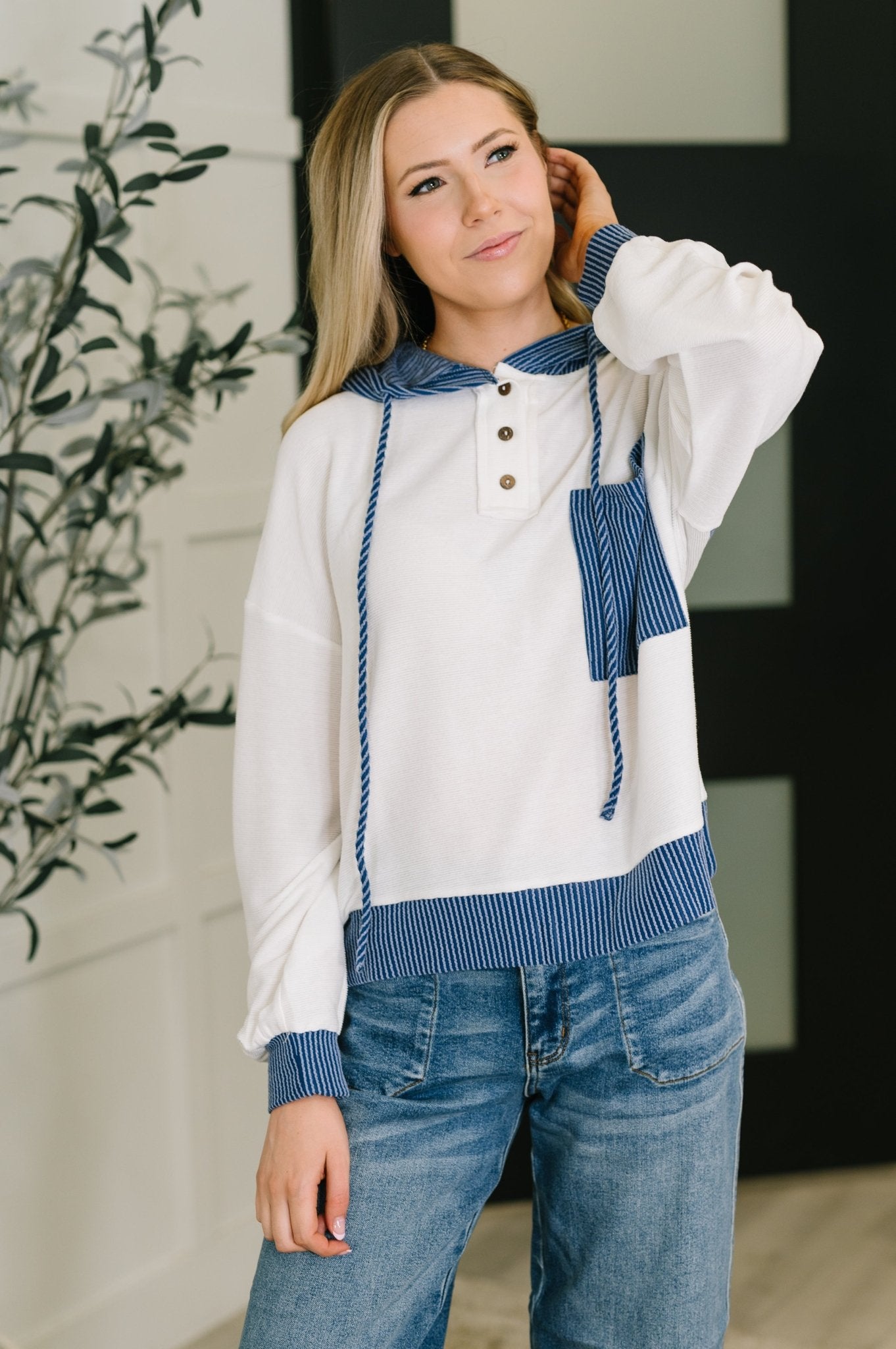 Here for Now Color Block Hoodie in Blue - Driftwood Boutique