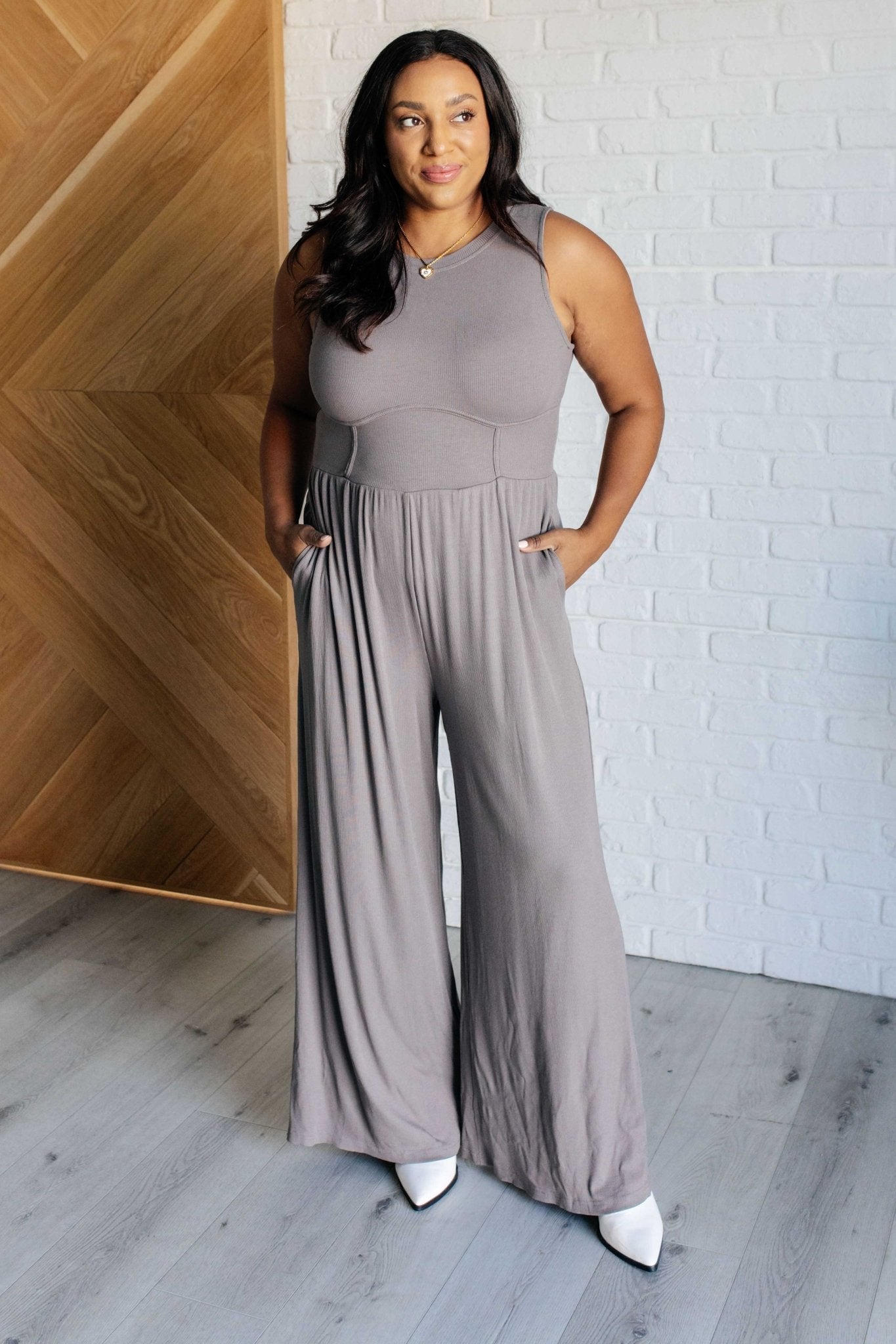 Hilary Wide Leg Jumpsuit in Grey - Driftwood Boutique
