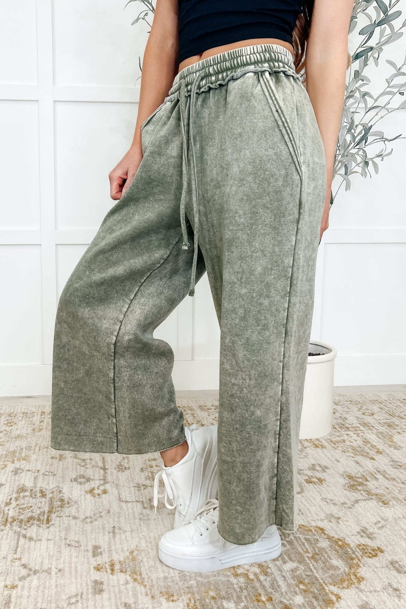 In or Out Wide Leg Cropped Pants Lt Olive - Driftwood Boutique