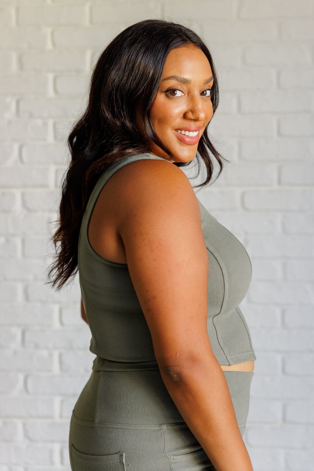 It's All About the Balance Twill Square Neck Crop Top in Dusty Olive - Driftwood Boutique