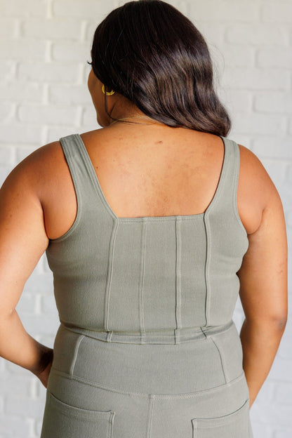It's All About the Balance Twill Square Neck Crop Top in Dusty Olive - Driftwood Boutique