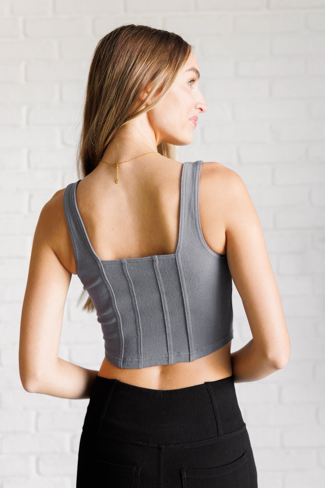 It's All About the Balance Twill Square Neck Crop Top in Titanium - Driftwood Boutique