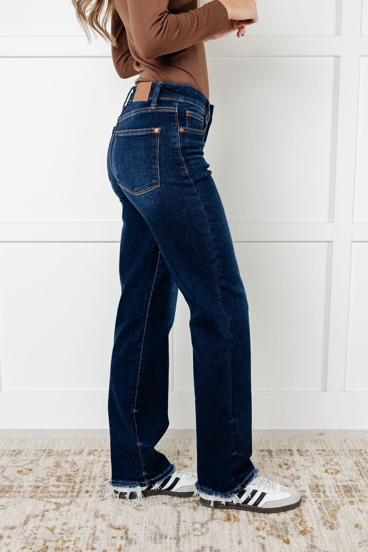 Jacqueline Mid Rise Frayed Hem Straight Leg Jean - Driftwood Boutique