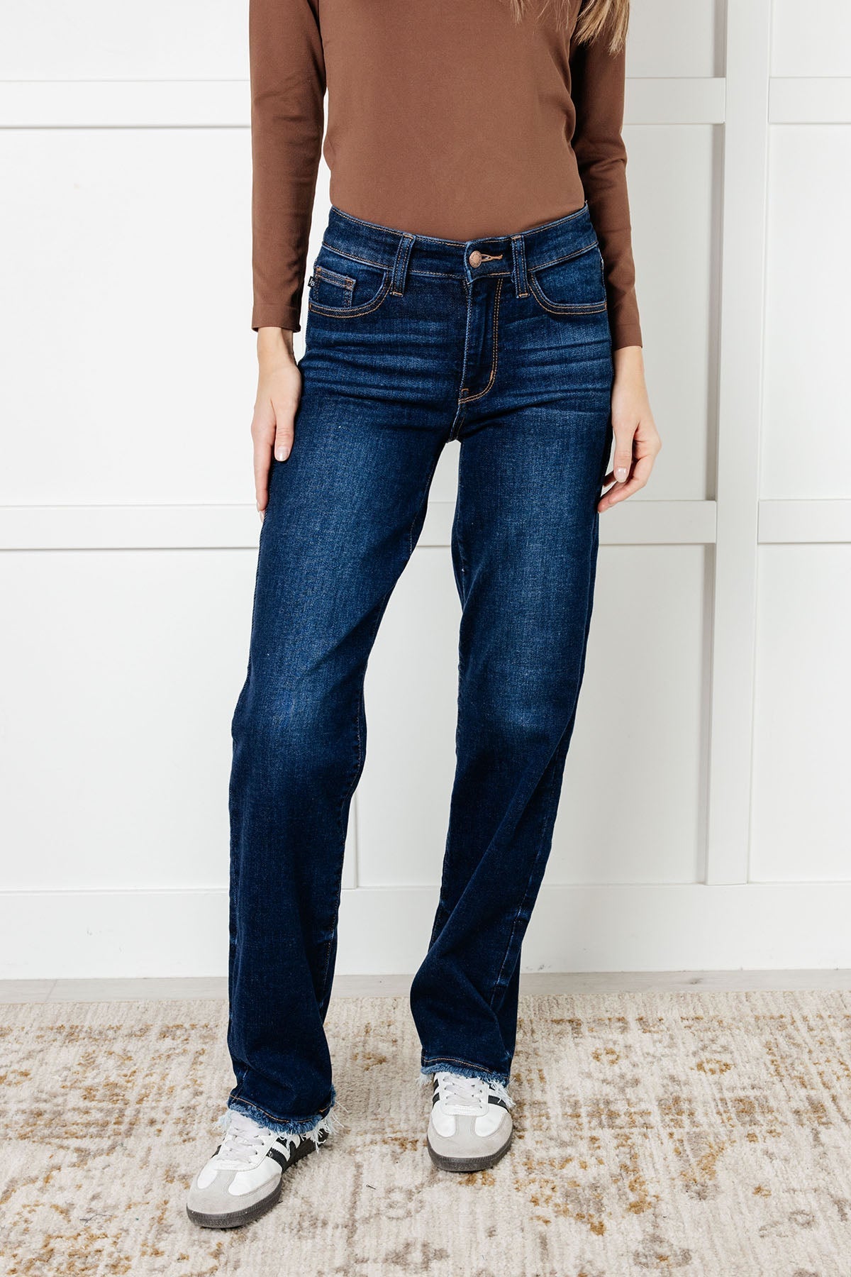 Jacqueline Mid Rise Frayed Hem Straight Leg Jean - Driftwood Boutique