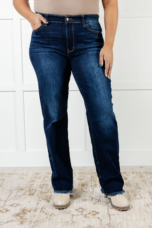 Jacqueline Mid Rise Frayed Hem Straight Leg Jean - Driftwood Boutique