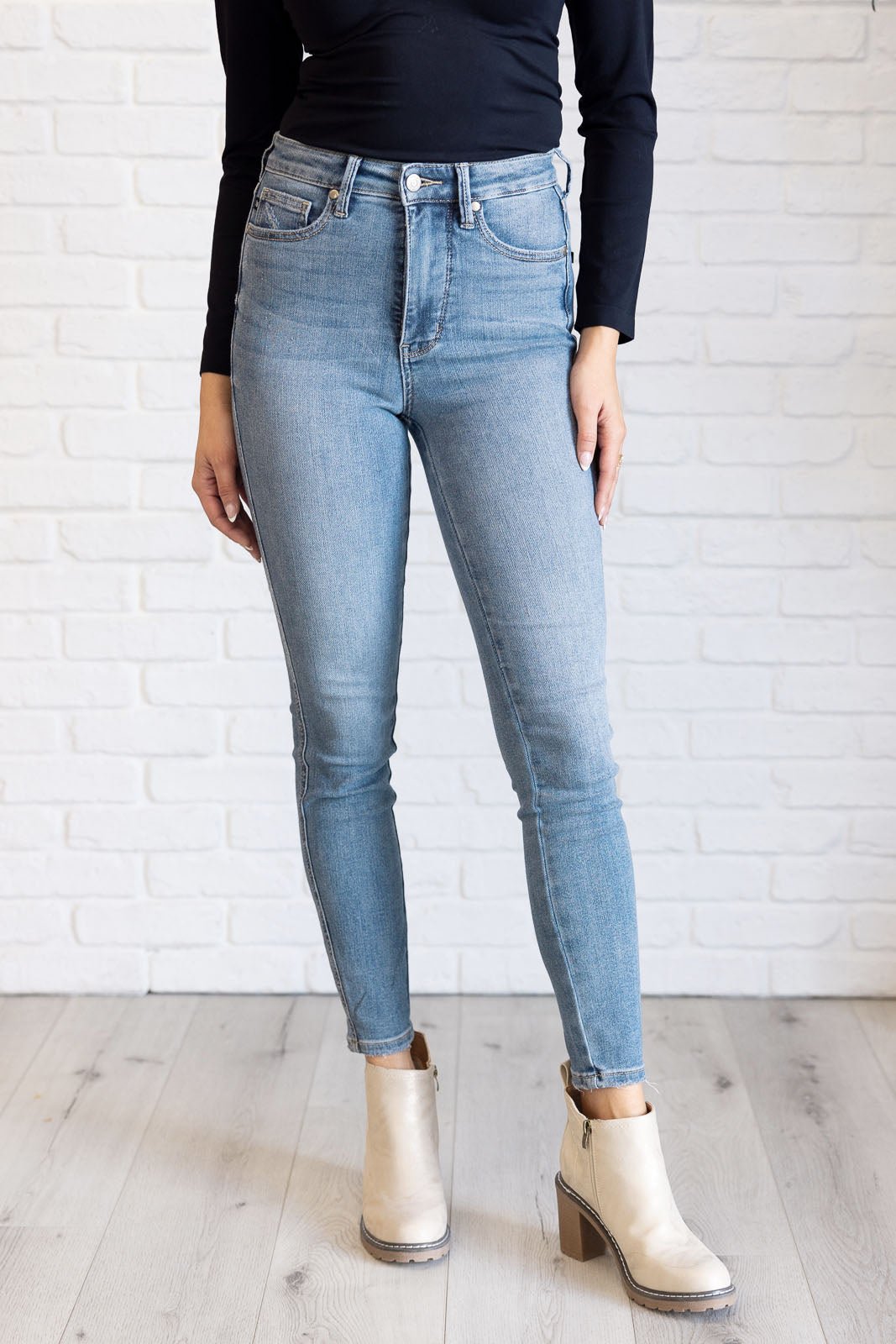 Justine High Rise Control Top Contrast Wash Skinny Jeans - Driftwood Boutique