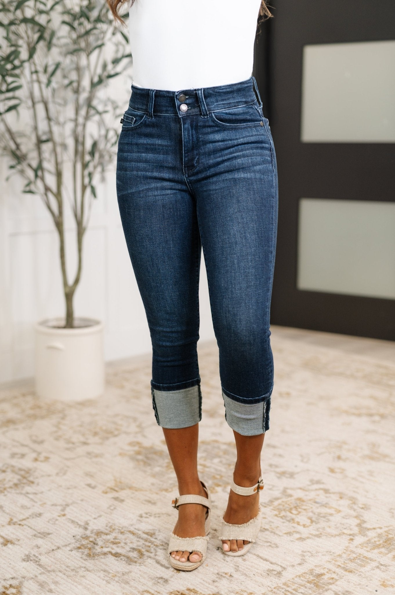 Karen High Rise Double Waist Band Capri Jeans - Driftwood Boutique