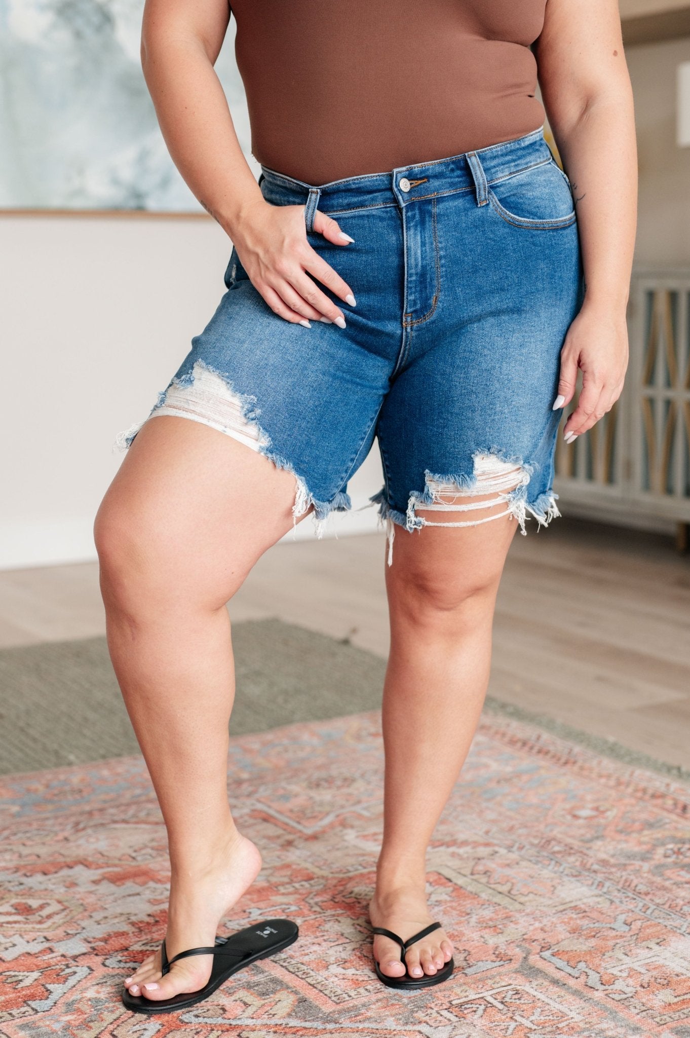 Kelsey Mid Rise Distressed Denim Shorts - Driftwood Boutique