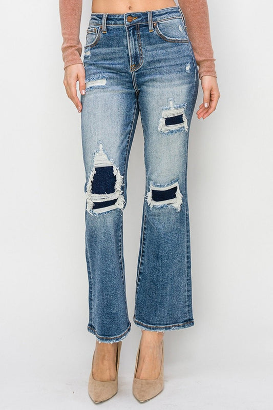 Krista High Rise Distressed Contrast Patch Kick Flare Jeans - Driftwood Boutique