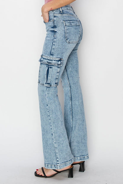 Leah High Rise Acid Wash Cargo Flare Jeans - Driftwood Boutique