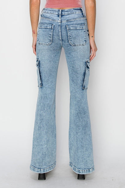 Leah High Rise Acid Wash Cargo Flare Jeans - Driftwood Boutique
