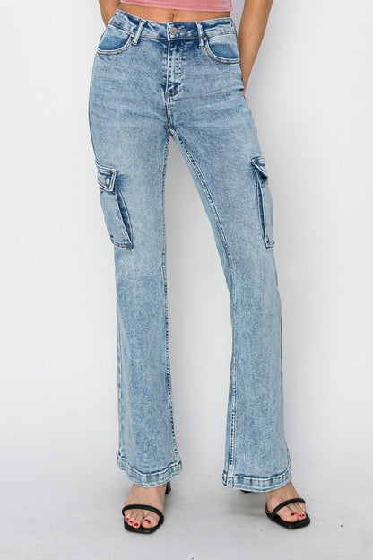 Leah High Rise Acid Wash Cargo Flare Jeans - Driftwood Boutique
