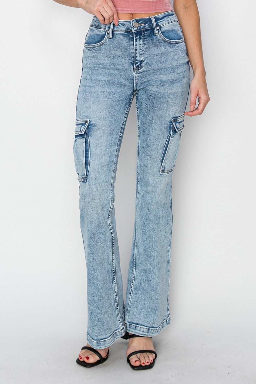 Leah High Rise Acid Wash Cargo Flare Jeans - Driftwood Boutique