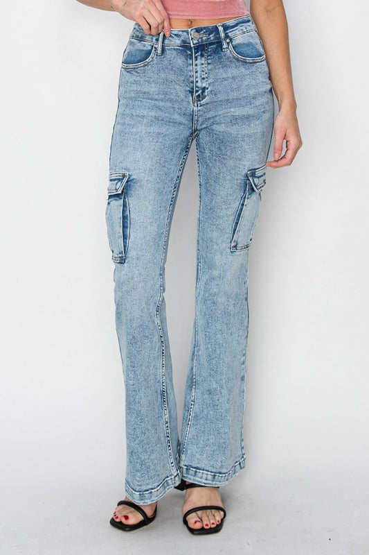 Leah High Rise Acid Wash Cargo Flare Jeans - Driftwood Boutique